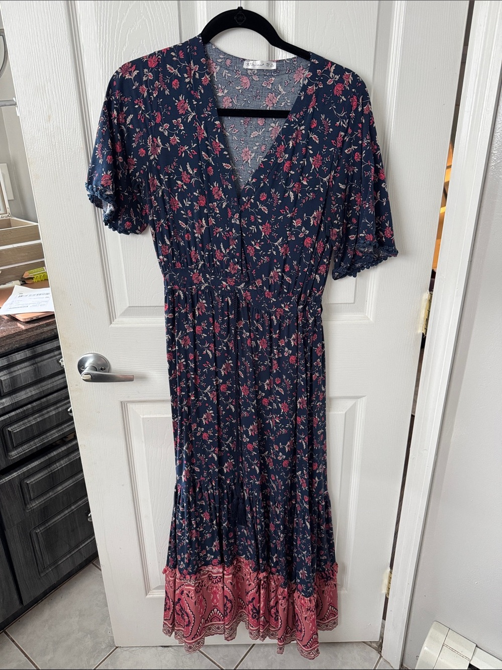 Floral V-Neck Navy and Pink Maxi Dress